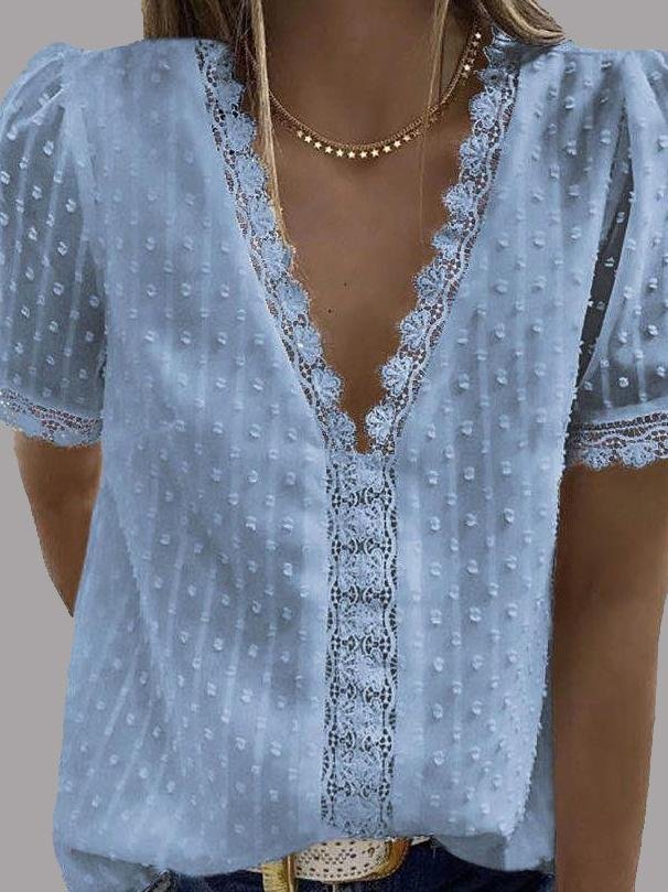 V-neck Short Sleeve Splicing Lace Chiffon Blouses Oshnow