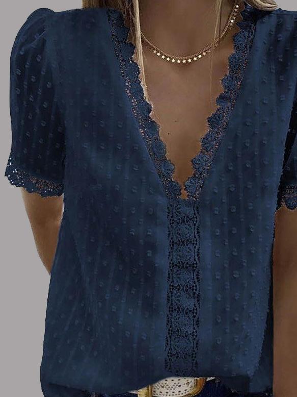 V-neck Short Sleeve Splicing Lace Chiffon Blouses Oshnow