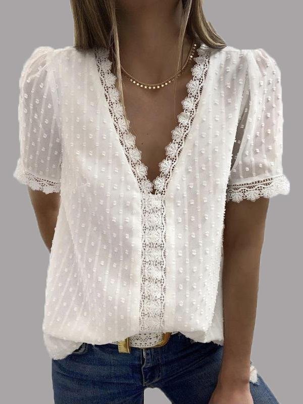 V-neck Short Sleeve Splicing Lace Chiffon Blouses Oshnow