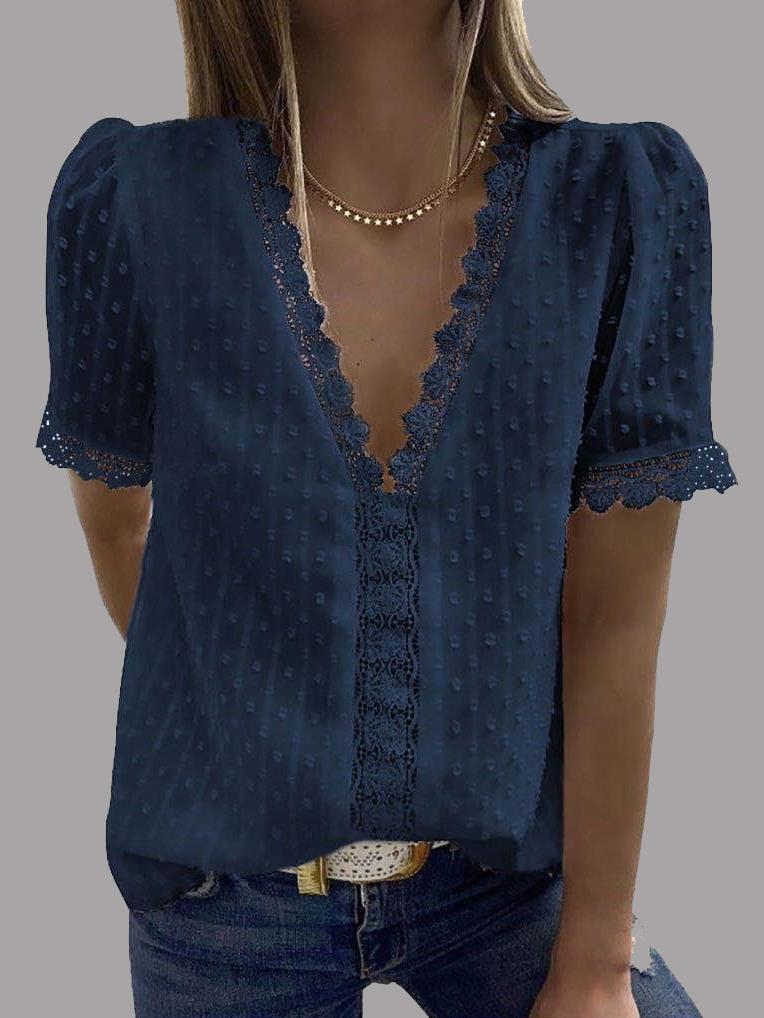 V-neck Short Sleeve Splicing Lace Chiffon Blouses Oshnow