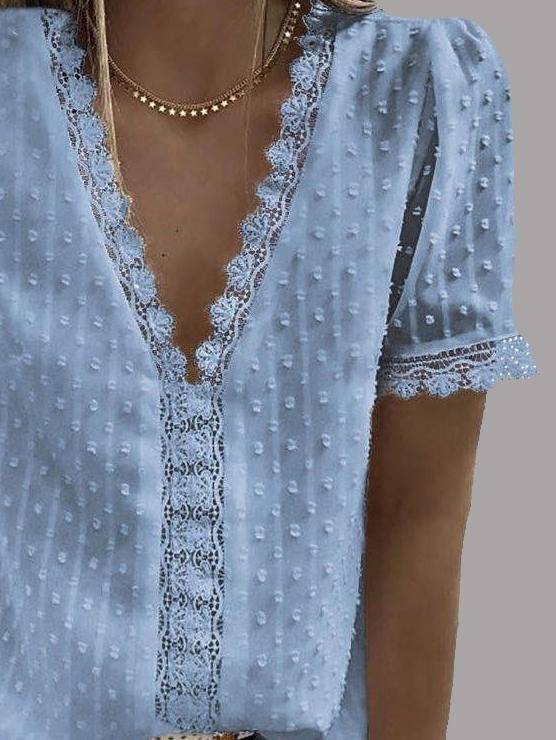 V-neck Short Sleeve Splicing Lace Chiffon Blouses Oshnow