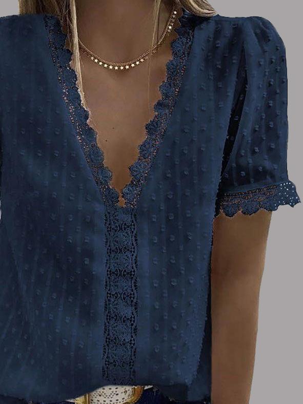 V-neck Short Sleeve Splicing Lace Chiffon Blouses Oshnow