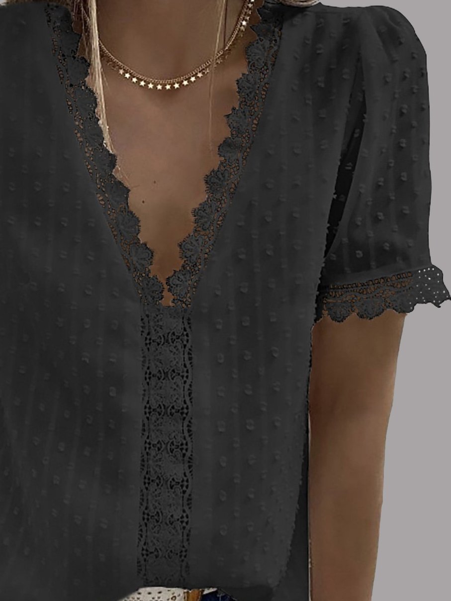 V-neck Short Sleeve Splicing Lace Chiffon Blouses Oshnow