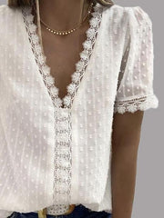 V-neck Short Sleeve Splicing Lace Chiffon Blouses Oshnow