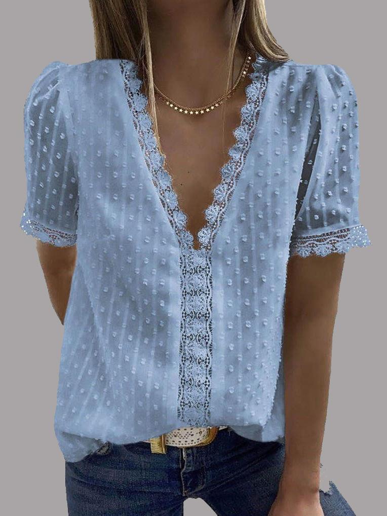 V-neck Short Sleeve Splicing Lace Chiffon Blouses Oshnow