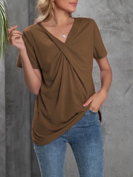 V-neck Short-sleeved Knotted Casual T-shirt Oshnow