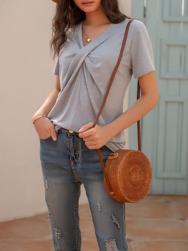 V-neck Short-sleeved Knotted Casual T-shirt Oshnow