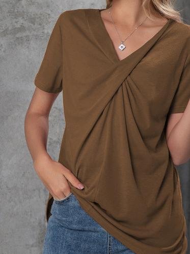 V-neck Short-sleeved Knotted Casual T-shirt Oshnow