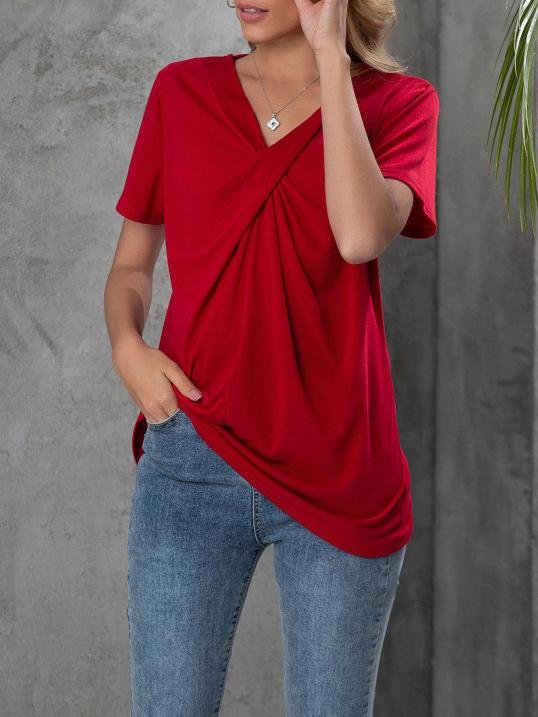 V-neck Short-sleeved Knotted Casual T-shirt Oshnow