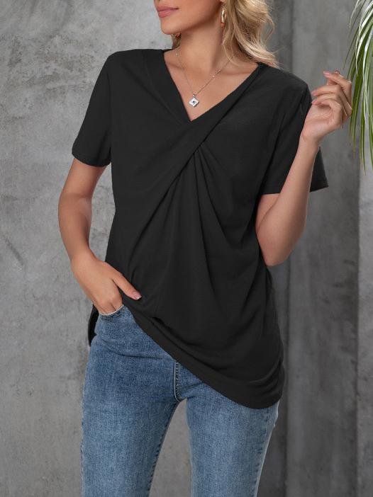 V-neck Short-sleeved Knotted Casual T-shirt Oshnow