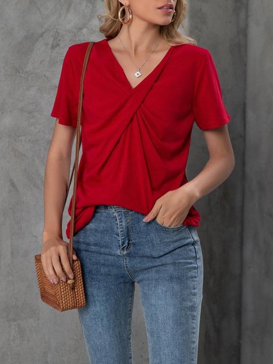 V-neck Short-sleeved Knotted Casual T-shirt Oshnow