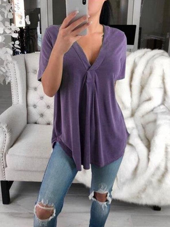 V-neck Short-sleeved Loose Solid T-shirt Oshnow