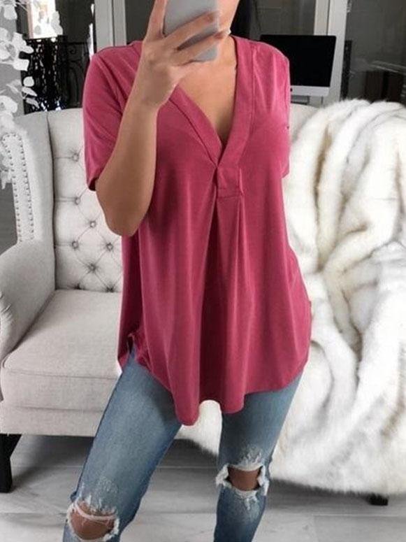 V-neck Short-sleeved Loose Solid T-shirt Oshnow