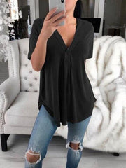 V-neck Short-sleeved Loose Solid T-shirt Oshnow