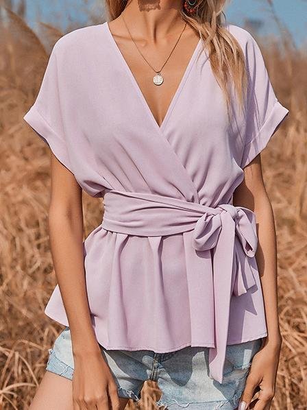 V-neck Short-sleeved Solid Loose Blouse Oshnow