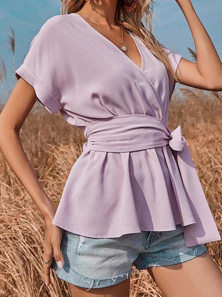 V-neck Short-sleeved Solid Loose Blouse Oshnow