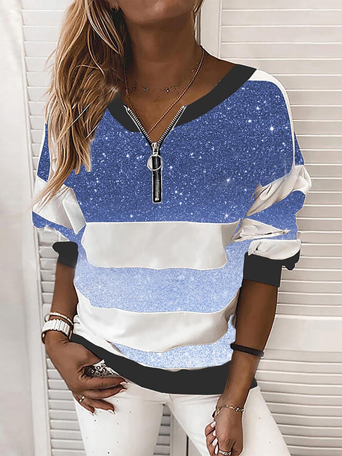 V-neck Starry Sky Print Long-sleeved Top Oshnow