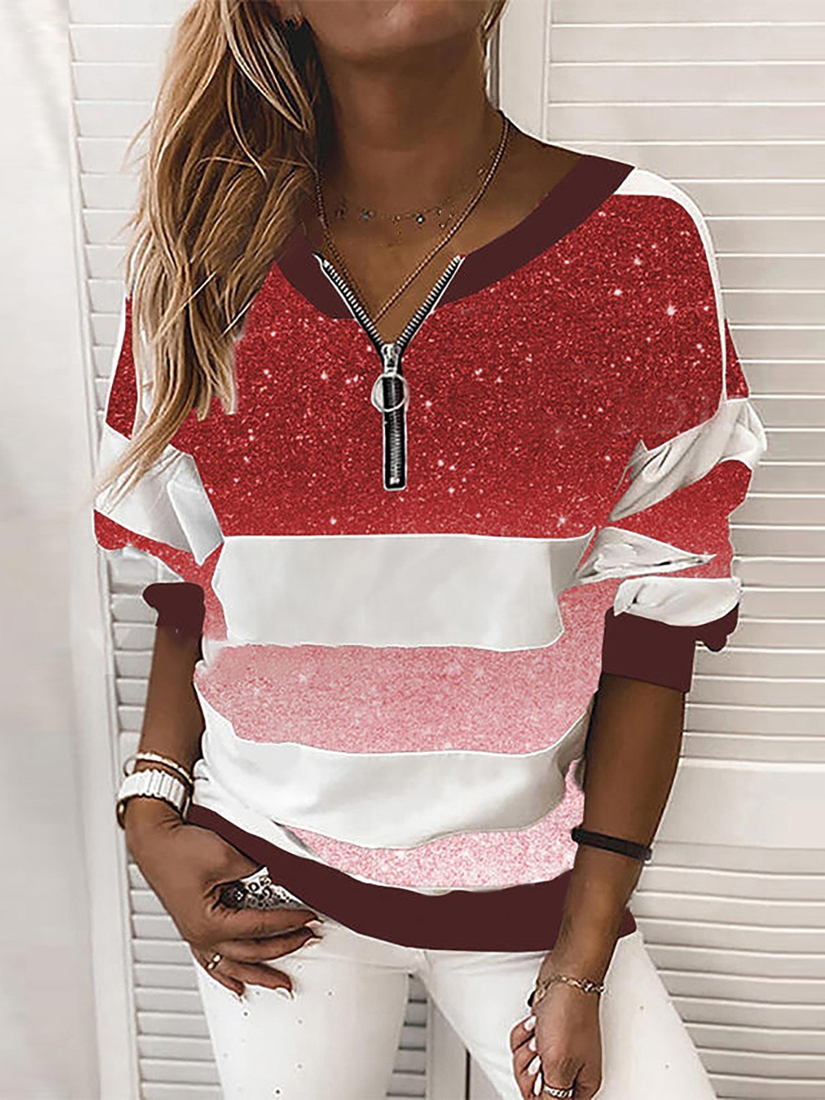 V-neck Starry Sky Print Long-sleeved Top Oshnow