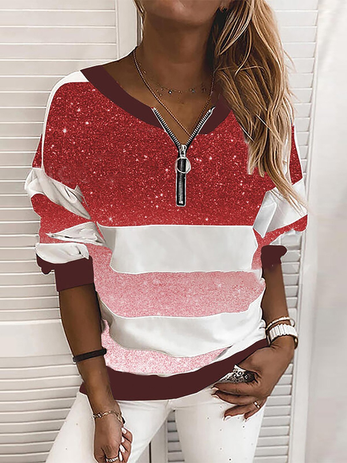 V-neck Starry Sky Print Long-sleeved Top Oshnow