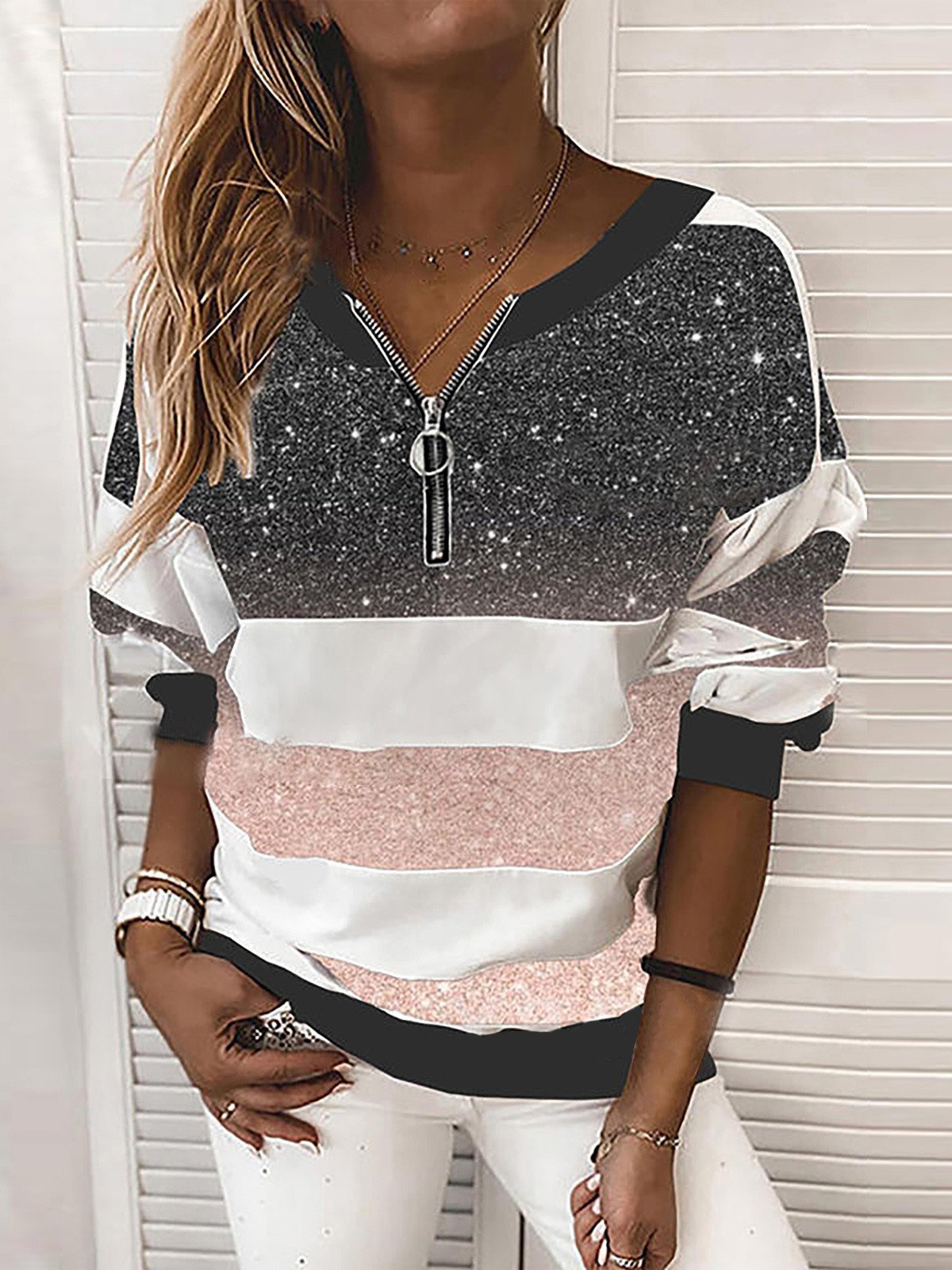 V-neck Starry Sky Print Long-sleeved Top Oshnow