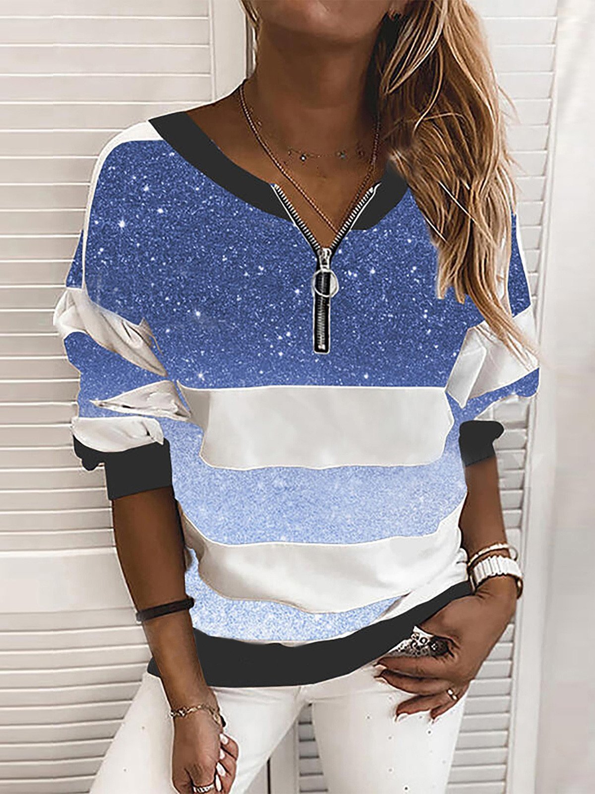 V-neck Starry Sky Print Long-sleeved Top Oshnow