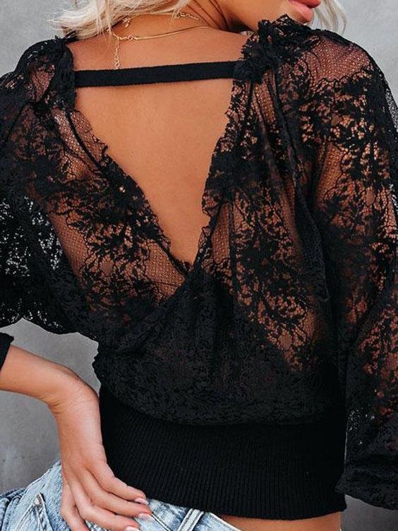 V-neck Stitching Lace Long-sleeved Top Oshnow