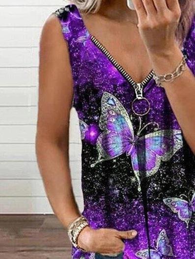 V-neck Zipper Butterfly Print Loose Tank Top Oshnow