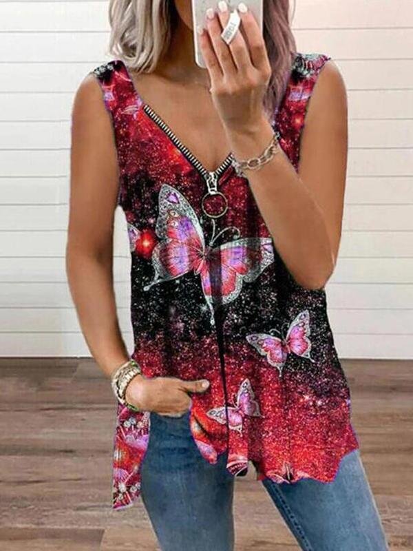 V-neck Zipper Butterfly Print Loose Tank Top Oshnow