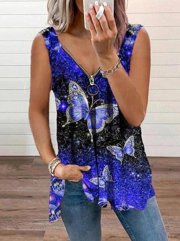 V-neck Zipper Butterfly Print Loose Tank Top Oshnow