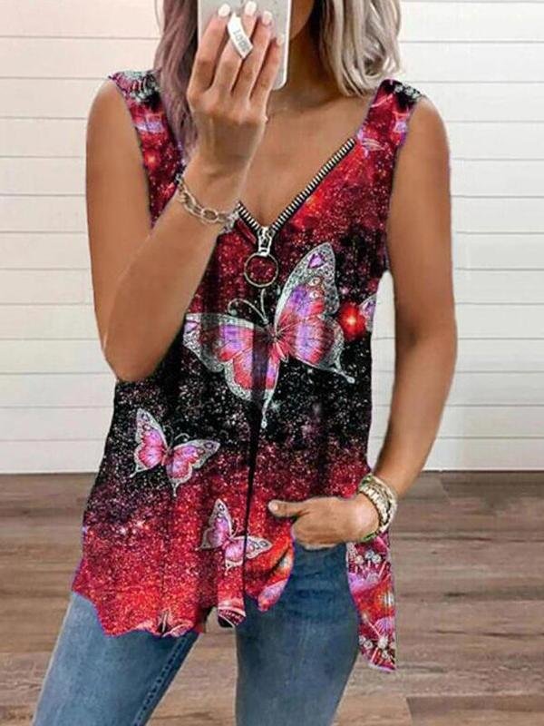 V-neck Zipper Butterfly Print Loose Tank Top Oshnow