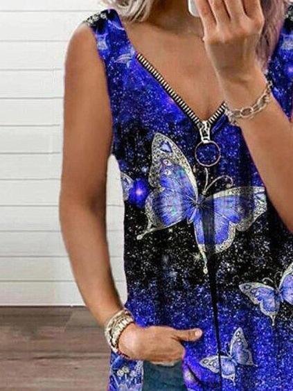 V-neck Zipper Butterfly Print Loose Tank Top Oshnow