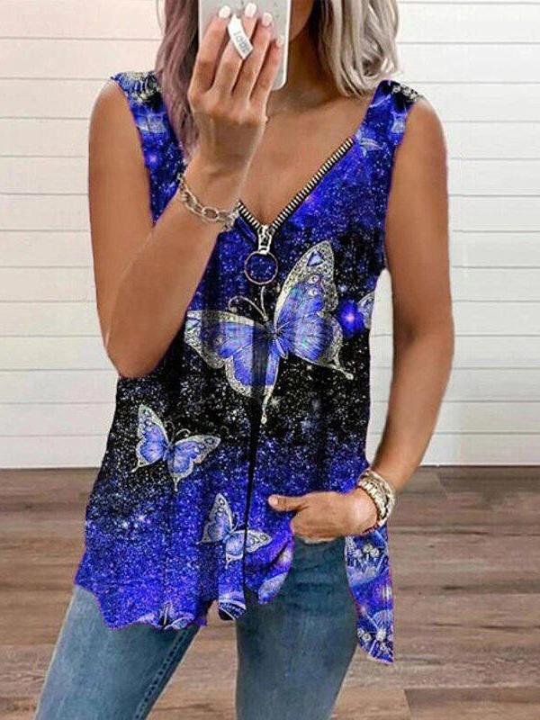 V-neck Zipper Butterfly Print Loose Tank Top Oshnow