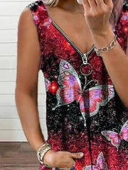 V-neck Zipper Butterfly Print Loose Tank Top Oshnow