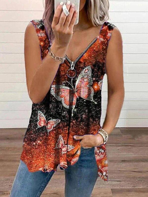 V-neck Zipper Butterfly Print Loose Tank Top Oshnow