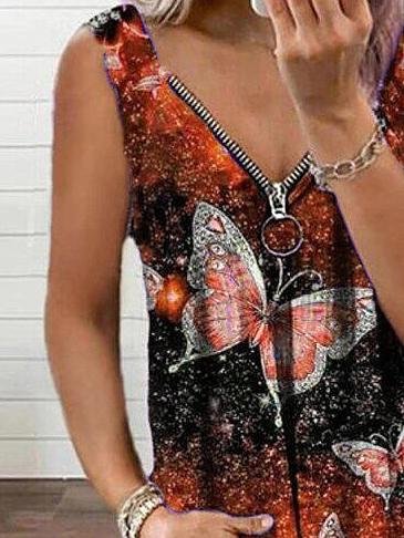 V-neck Zipper Butterfly Print Loose Tank Top Oshnow