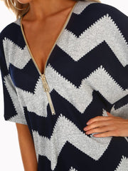 V-neck Zipper Chevron Print T-shirts Oshnow