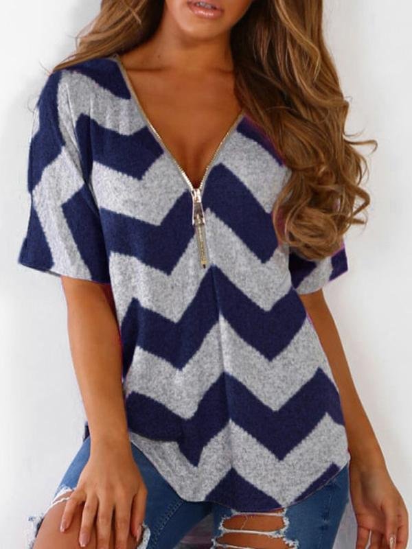 V-neck Zipper Chevron Print T-shirts Oshnow