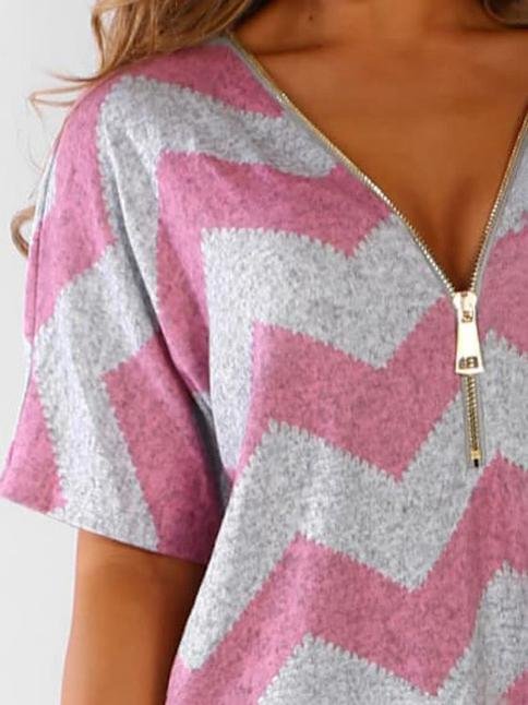 V-neck Zipper Chevron Print T-shirts Oshnow