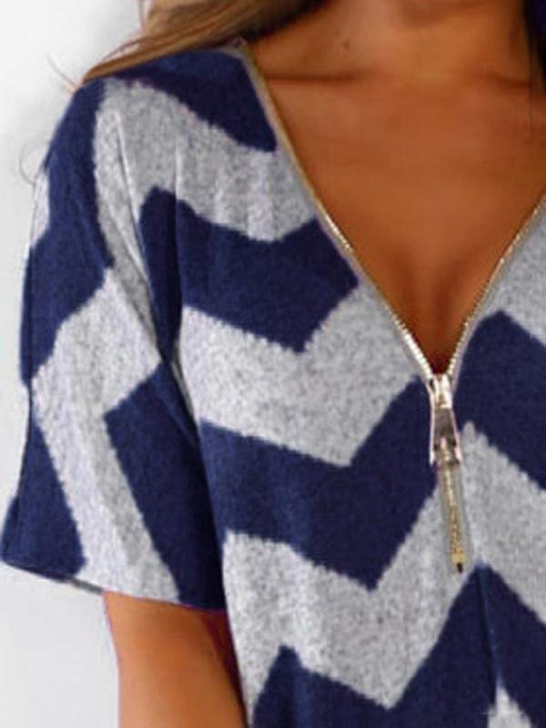 V-neck Zipper Chevron Print T-shirts Oshnow