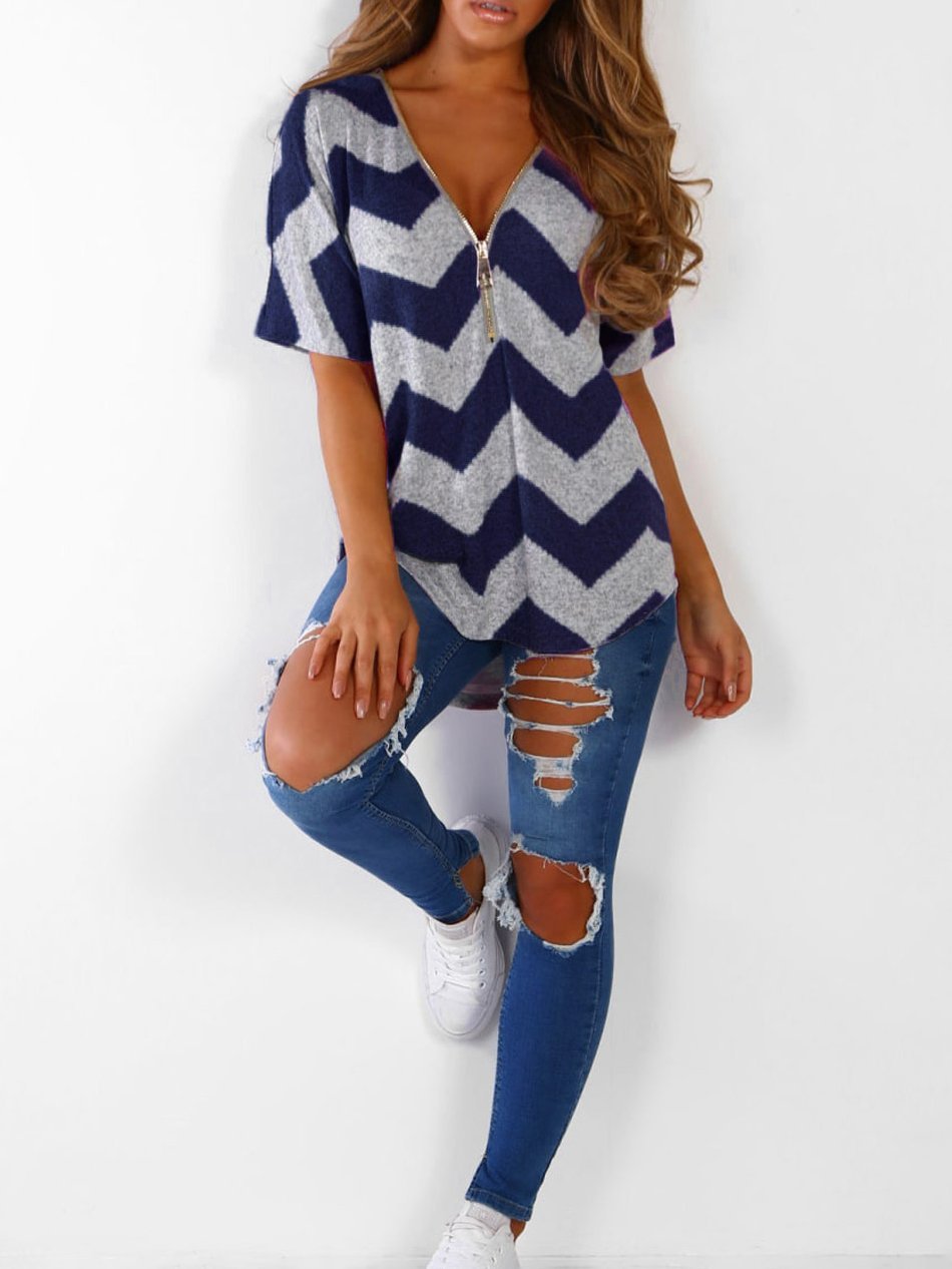 V-neck Zipper Chevron Print T-shirts Oshnow