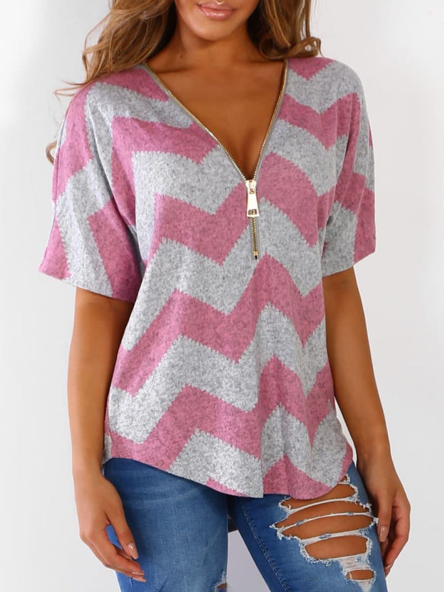 V-neck Zipper Chevron Print T-shirts Oshnow