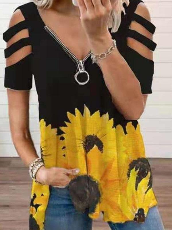 V-neck Zipper Cutout Short Sleeve Sunflower T-shirt Oshnow