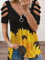 V-neck Zipper Cutout Short Sleeve Sunflower T-shirt Oshnow