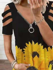 V-neck Zipper Cutout Short Sleeve Sunflower T-shirt Oshnow