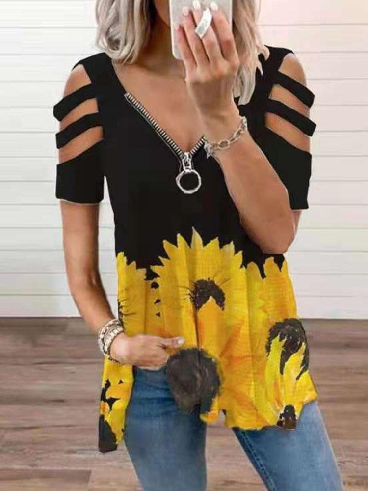 V-neck Zipper Cutout Short Sleeve Sunflower T-shirt Oshnow