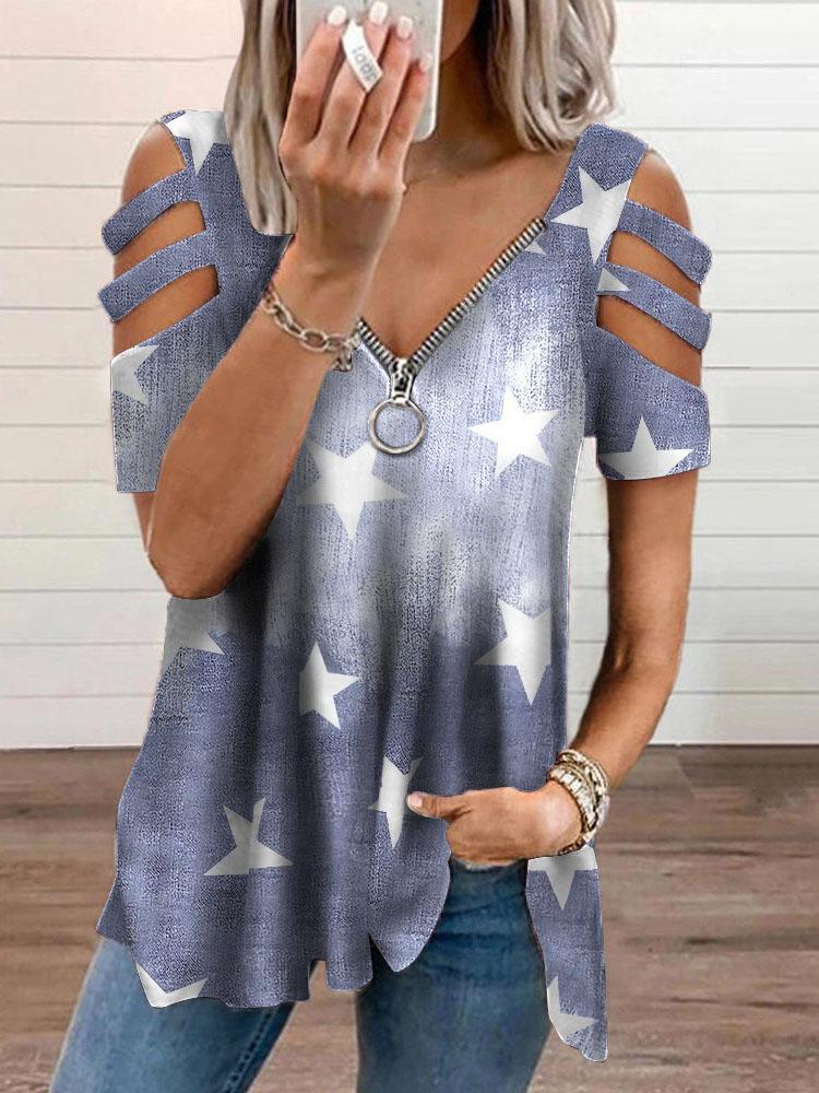 V-neck Zipper Cutout Short-sleeved T-shirt Oshnow