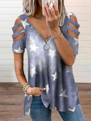 V-neck Zipper Cutout Short-sleeved T-shirt Oshnow