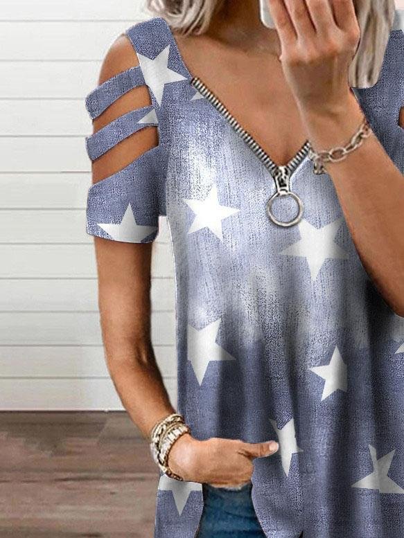 V-neck Zipper Cutout Short-sleeved T-shirt Oshnow