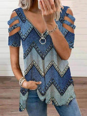 V-neck Zipper Geometric Print T-shirt Oshnow