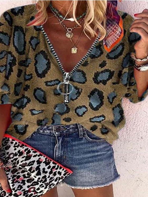 V-neck Zipper Leopard Print Casual Blouses Oshnow